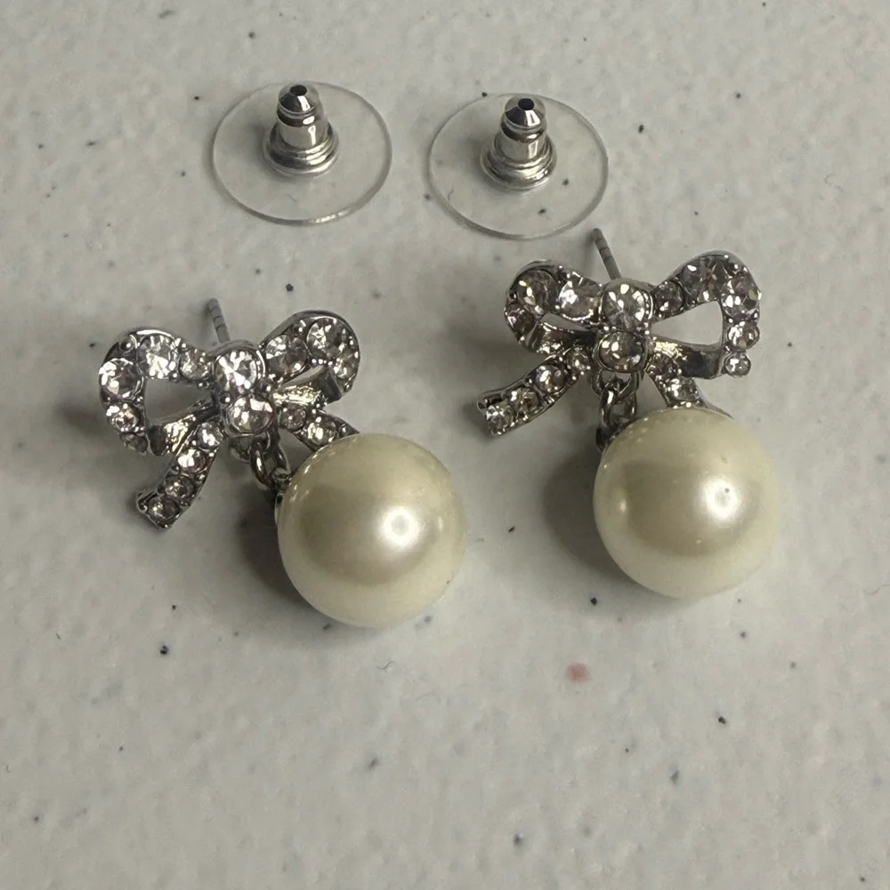 NWT Charter Club Silver Tone Bow with Drop Faux Pearl Stud Earrings - Picture 3 of 6